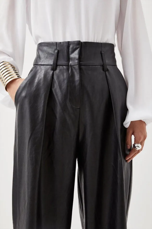 Trousers Women Karen Millen Faux Leather High Waisted Wide Leg Trousers Black