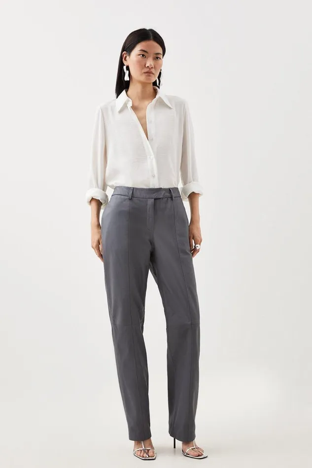Trousers Women Karen Millen Leather Straight Leg Trousers Grey