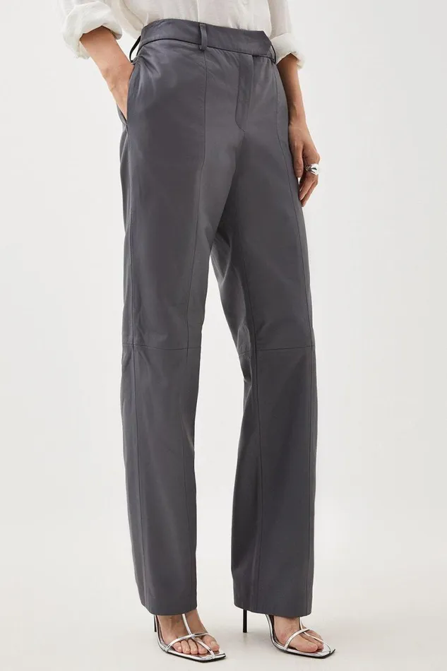 Trousers Women Karen Millen Leather Straight Leg Trousers Grey