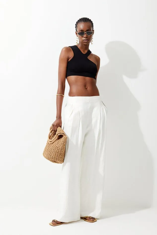Trousers Women Karen Millen Linen Darted Wide Leg Trouser Ivory