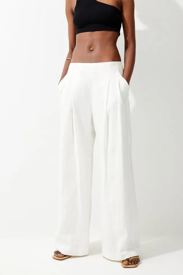 Trousers Women Karen Millen Linen Darted Wide Leg Trouser Ivory