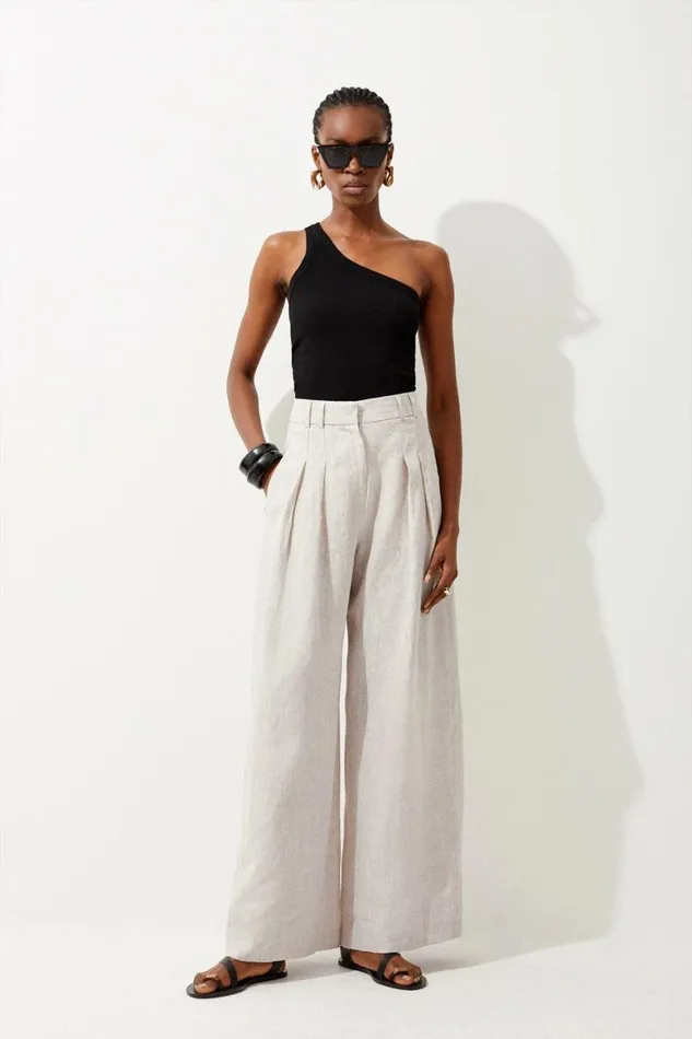 Trousers Women Karen Millen Linen Tailored Wide Leg Trouser Pale Grey