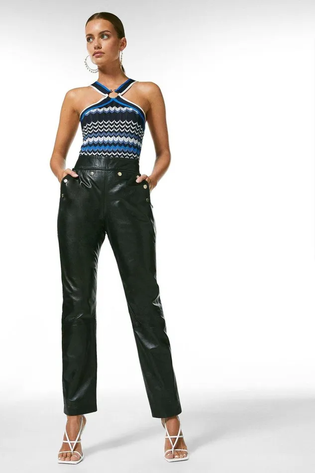 Trousers Women Karen Millen Petite Leather Button Detail Trouser Black