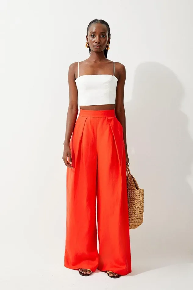 Trousers Women Karen Millen Premium Linen Tailored Pleated Wide Leg Trousers Red