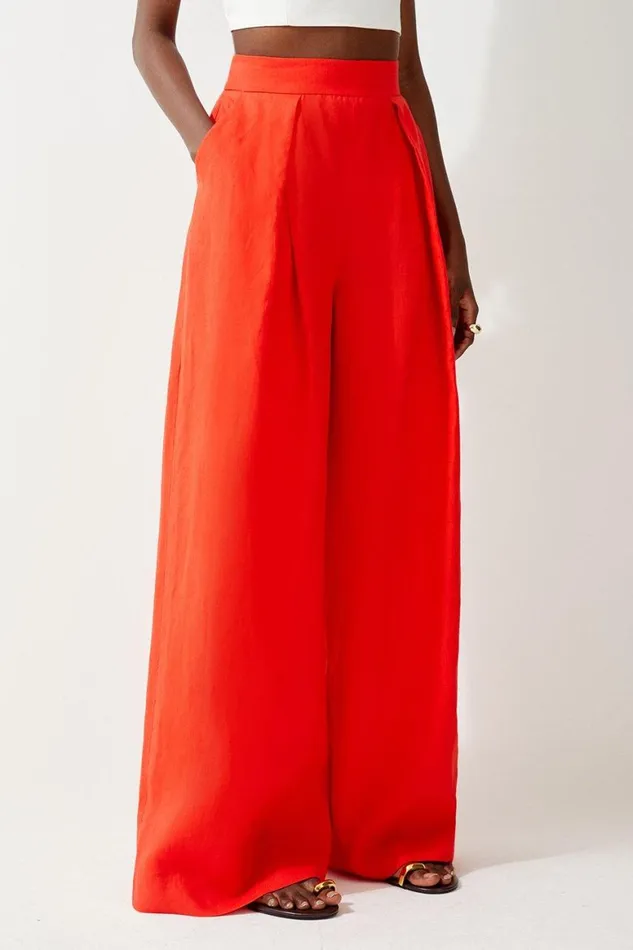 Trousers Women Karen Millen Premium Linen Tailored Pleated Wide Leg Trousers Red
