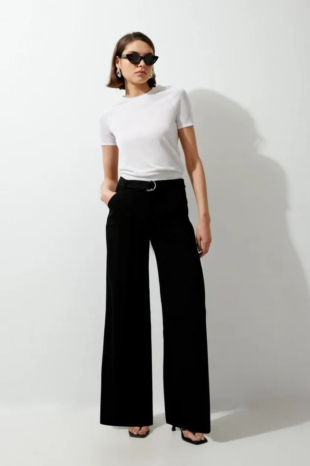 Trousers Women Karen Millen Soft Tailored Belted Wide Leg Trousers Black