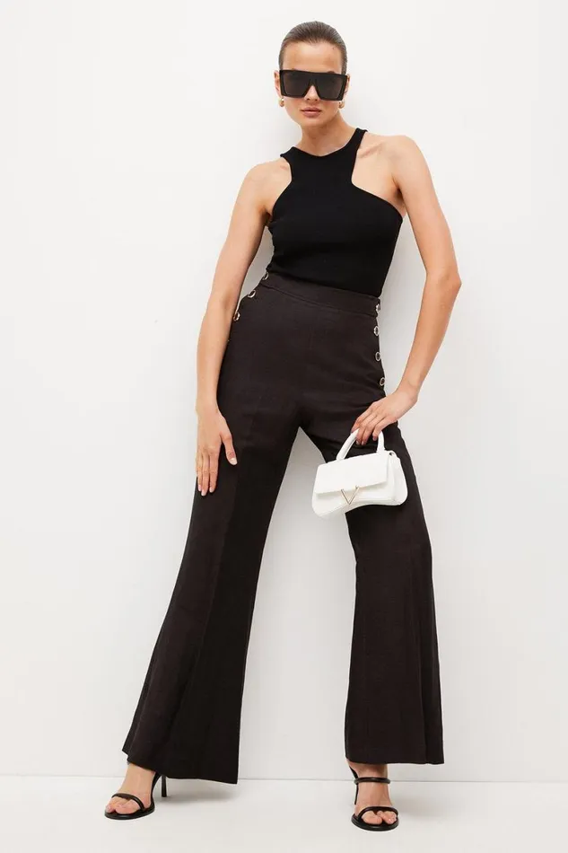 Trousers Women Karen Millen Tailored Linen Blend Button High Waist Trousers Black