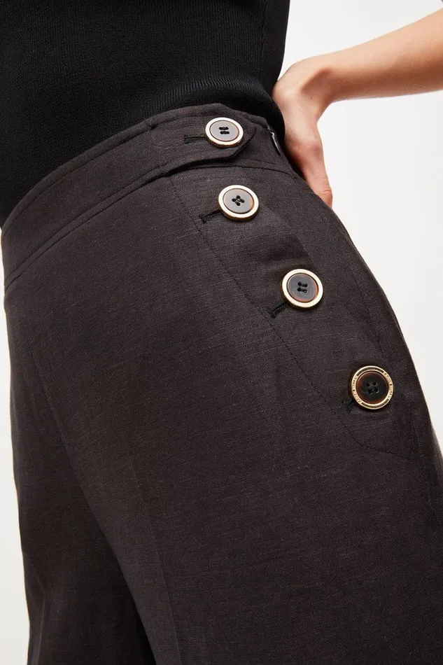Trousers Women Karen Millen Tailored Linen Blend Button High Waist Trousers Black
