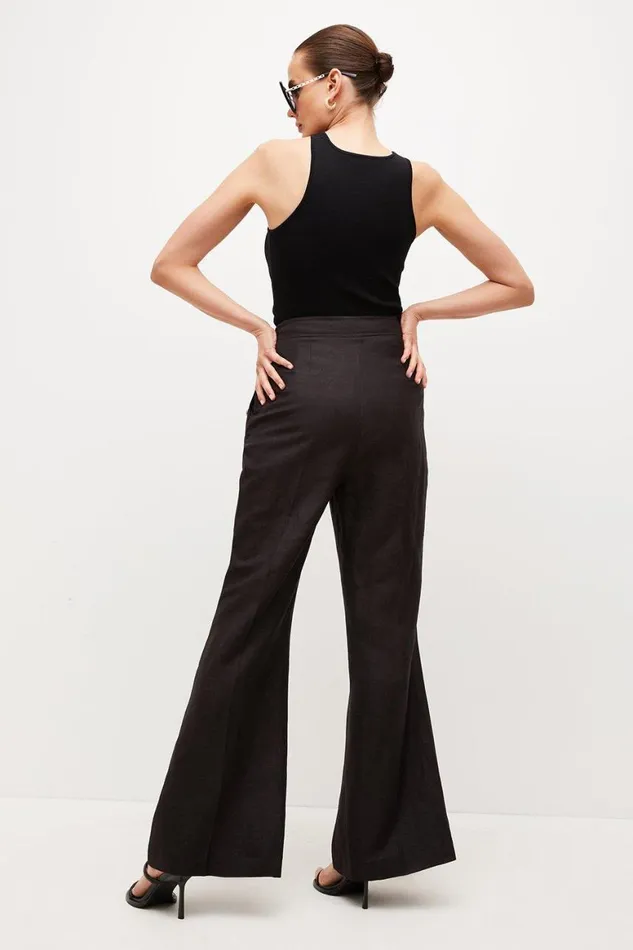 Trousers Women Karen Millen Tailored Linen Blend Button High Waist Trousers Black
