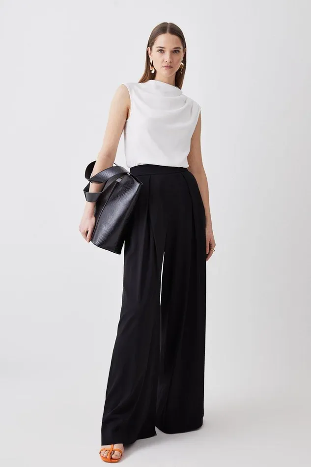 Trousers Women Karen Millen Tailored Pleat Detail Wide Leg Trouser Black