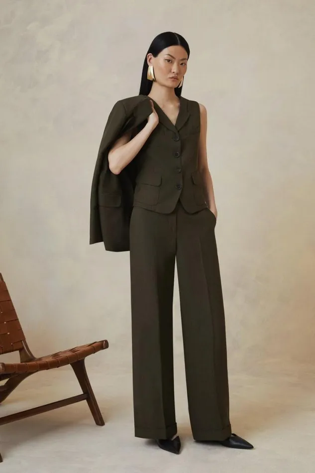 Trousers Women Karen Millen The Founder Premium Tailored Tencel Linen Straight Leg Trousers Khaki