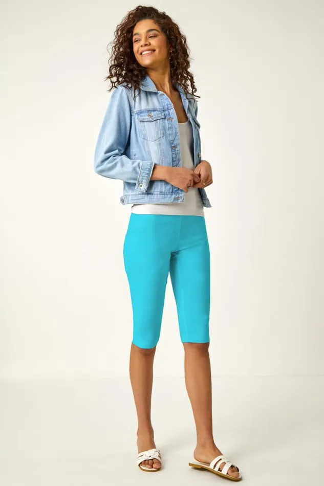 Turquoise Elastic Waist Knee Length Stretch Shorts Women Roman Trousers