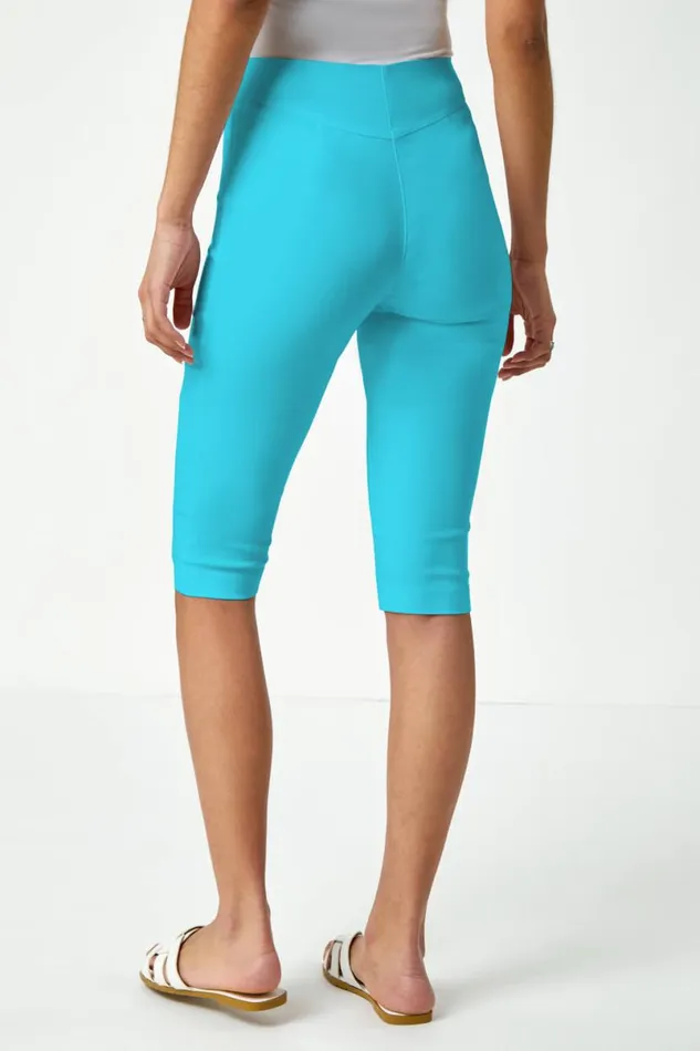 Turquoise Elastic Waist Knee Length Stretch Shorts Women Roman Trousers