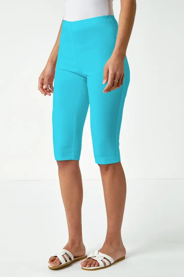 Turquoise Elastic Waist Knee Length Stretch Shorts Women Roman Trousers
