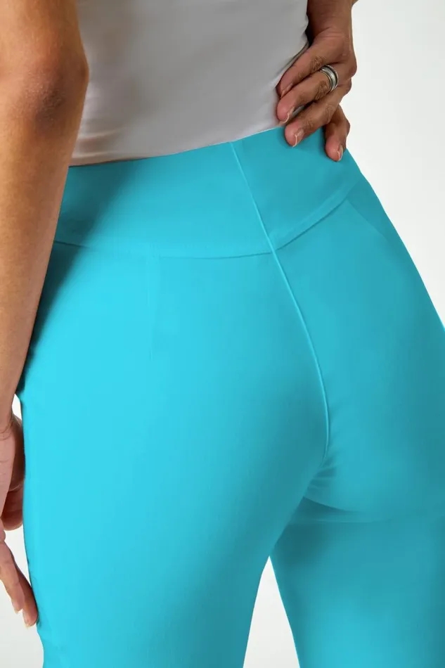 Turquoise Elastic Waist Knee Length Stretch Shorts Women Roman Trousers