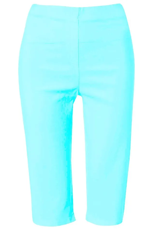Turquoise Elastic Waist Knee Length Stretch Shorts Women Roman Trousers