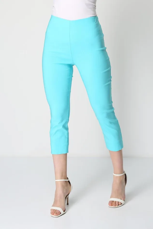 Turquoise Elastic Waist Stretch Cropped Trousers Women Roman Trousers