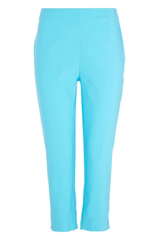 Turquoise Elastic Waist Stretch Cropped Trousers Women Roman Trousers