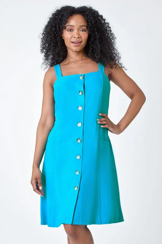 Turquoise Petite Button Front Pocket Dress Women Roman Dresses