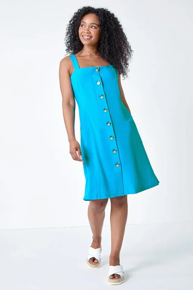 Turquoise Petite Button Front Pocket Dress Women Roman Dresses