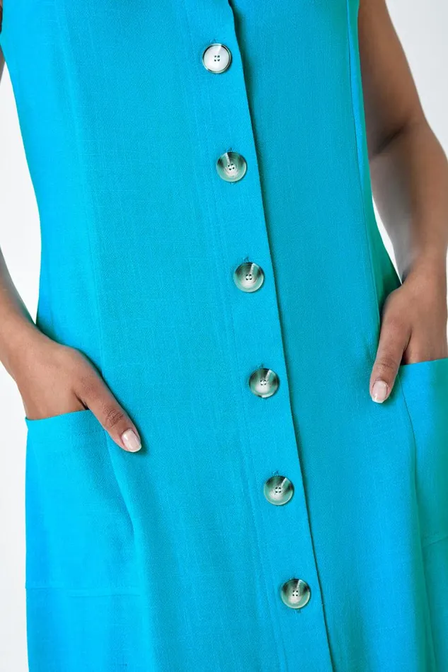 Turquoise Petite Button Front Pocket Dress Women Roman Dresses