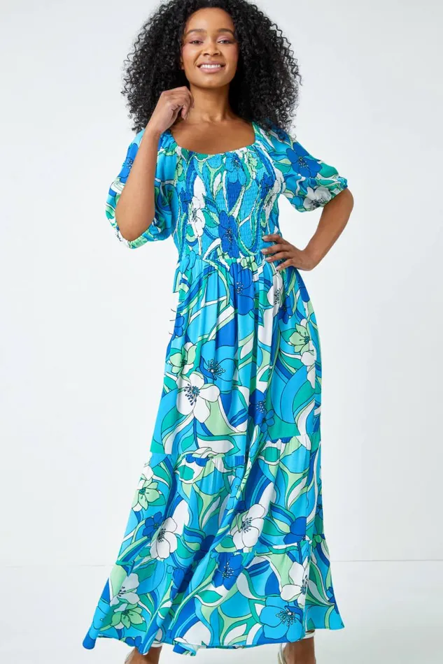 Turquoise Petite Floral Stretch Tiered Maxi Dress Women Roman Dresses