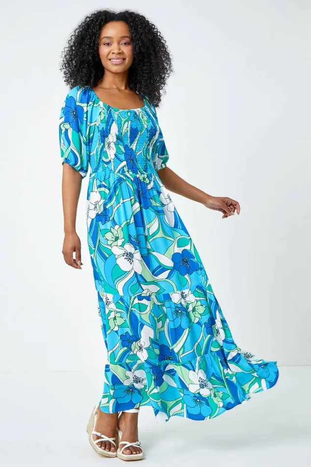 Turquoise Petite Floral Stretch Tiered Maxi Dress Women Roman Dresses