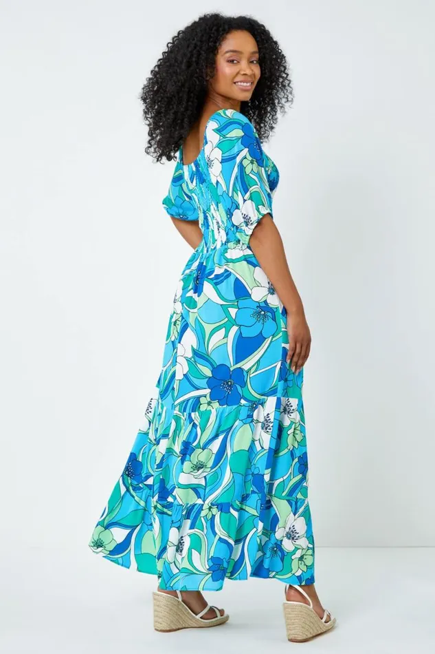 Turquoise Petite Floral Stretch Tiered Maxi Dress Women Roman Dresses