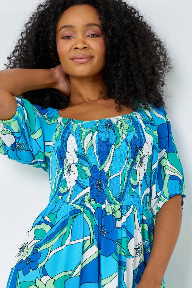 Turquoise Petite Floral Stretch Tiered Maxi Dress Women Roman Dresses