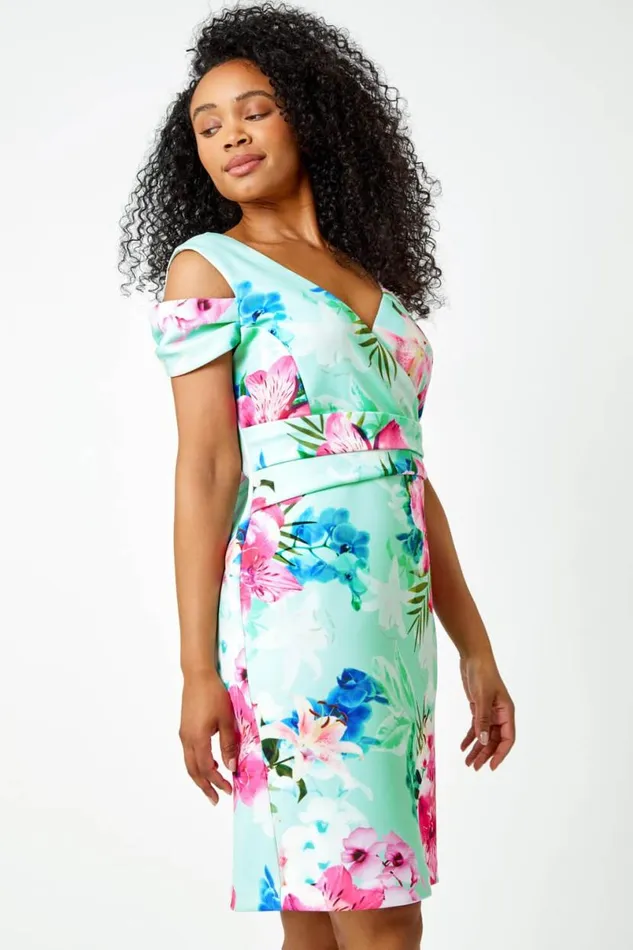 Turquoise Petite Premium Stretch Cold Shoulder Floral Dress Women Roman Dresses