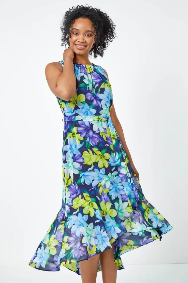 Turquoise Petite Sleeveless Chiffon Frill Hem Midi Dress Women Roman Dresses