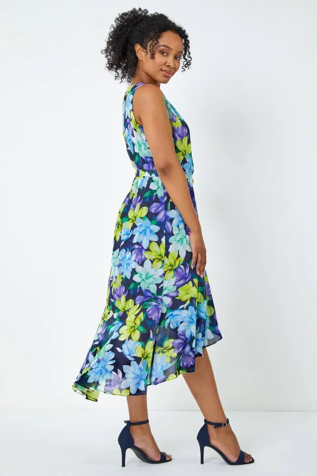 Turquoise Petite Sleeveless Chiffon Frill Hem Midi Dress Women Roman Dresses