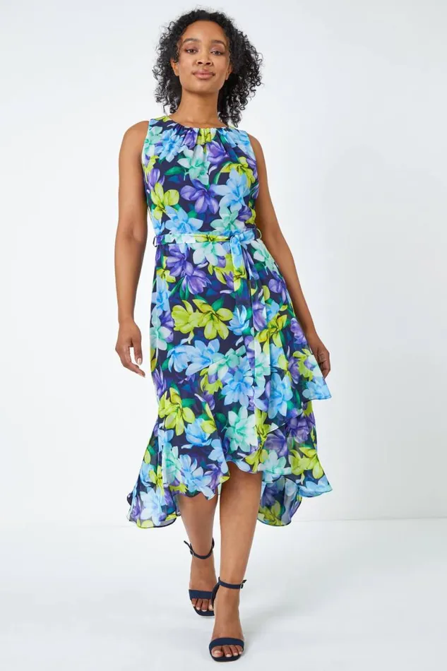 Turquoise Petite Sleeveless Chiffon Frill Hem Midi Dress Women Roman Dresses