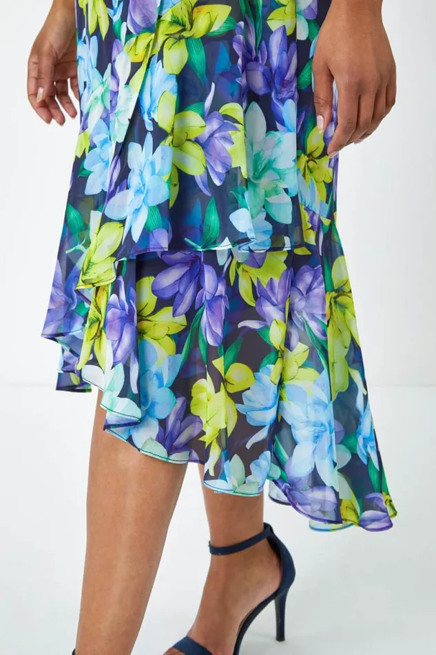 Turquoise Petite Sleeveless Chiffon Frill Hem Midi Dress Women Roman Dresses