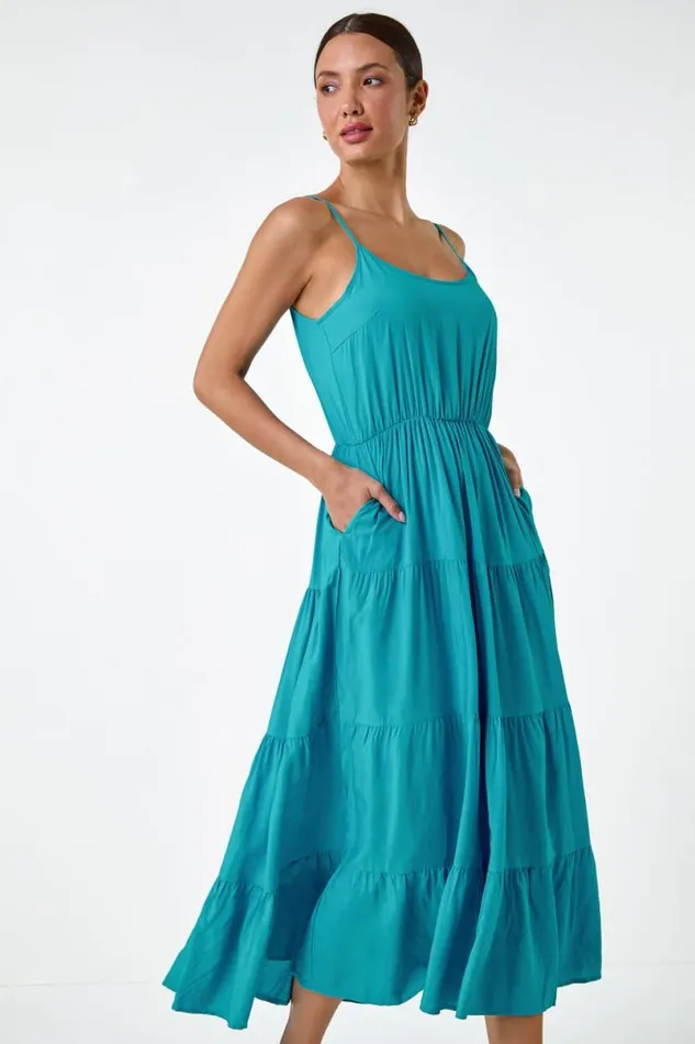 Turquoise Plain Tiered Midi Dress Women Roman Dresses