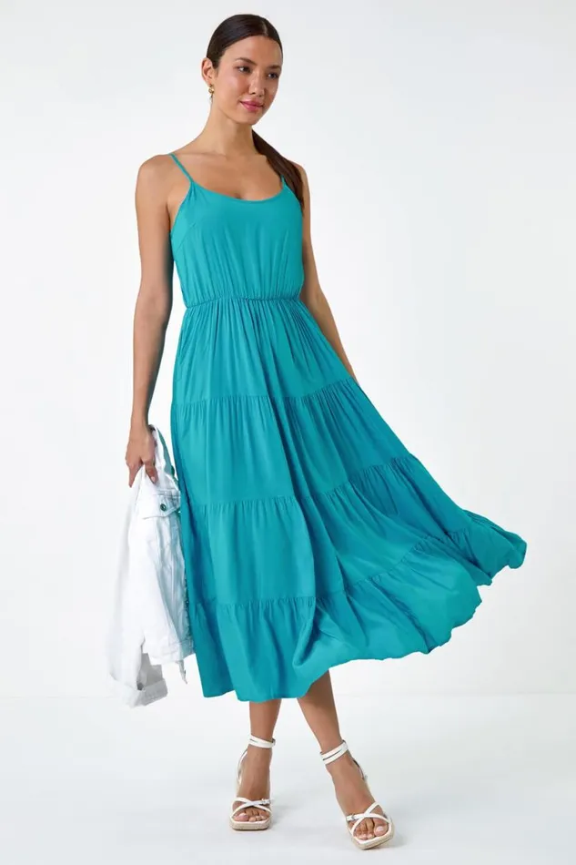 Turquoise Plain Tiered Midi Dress Women Roman Dresses