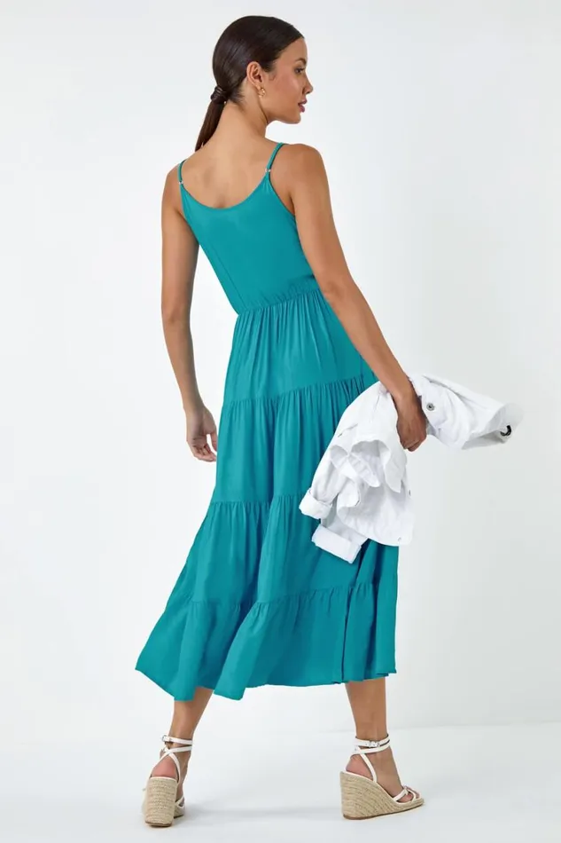 Turquoise Plain Tiered Midi Dress Women Roman Dresses