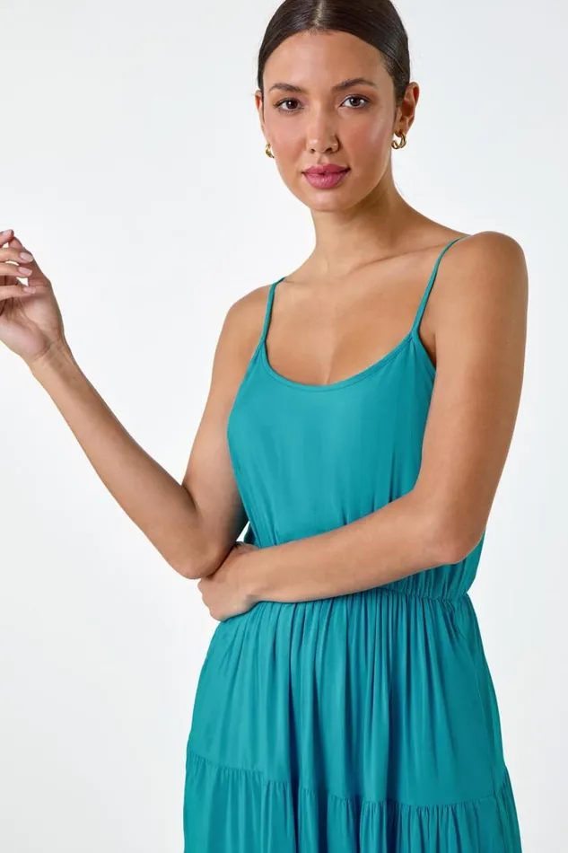 Turquoise Plain Tiered Midi Dress Women Roman Dresses