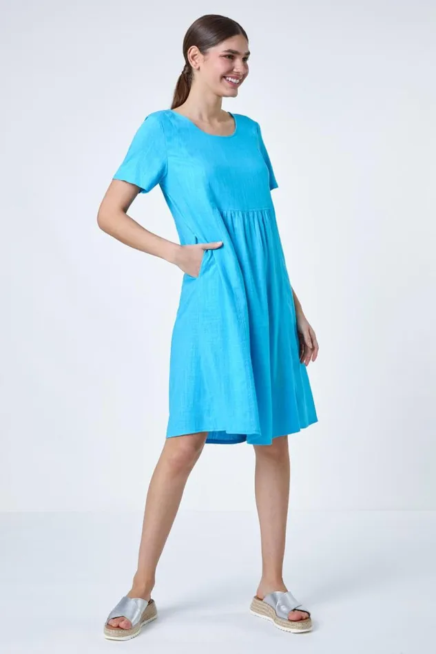 Turquoise Relaxed Pocket Dress Women Roman Dresses
