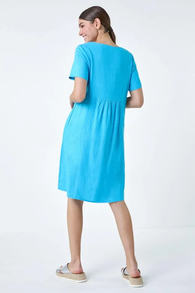 Turquoise Relaxed Pocket Dress Women Roman Dresses