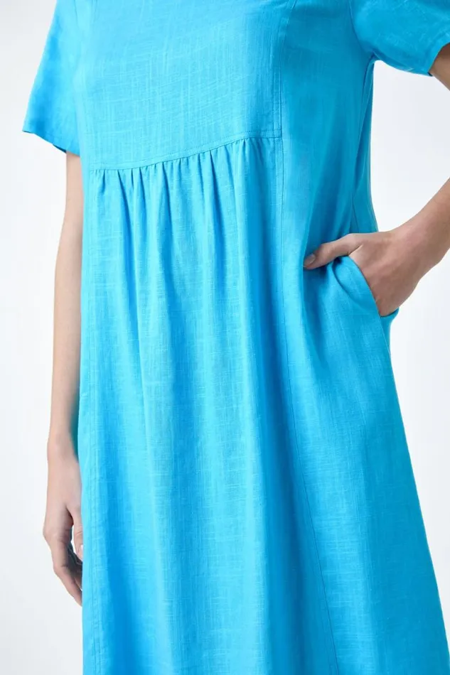 Turquoise Relaxed Pocket Dress Women Roman Dresses