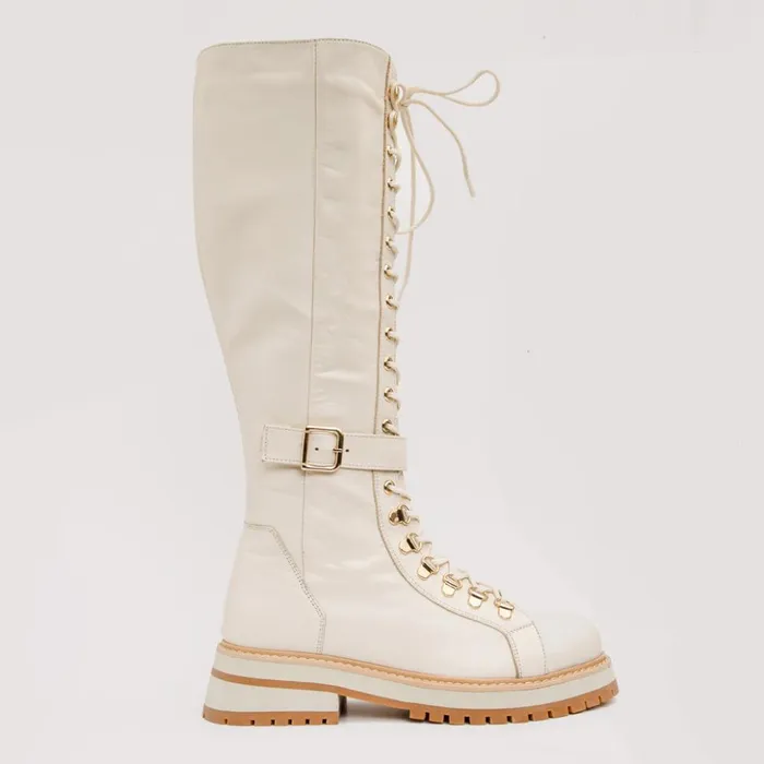 Vinci Leather Boots and Booties The Istinye Cream Leather Knee High LaceUp Boot Limited Edition 8211 Women