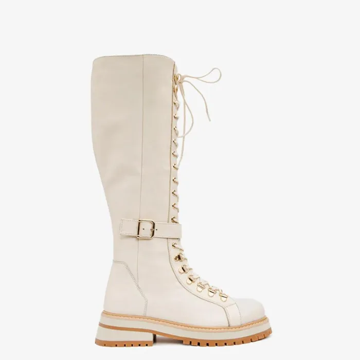 Vinci Leather Boots and Booties The Istinye Cream Leather Knee High LaceUp Boot Limited Edition 8211 Women