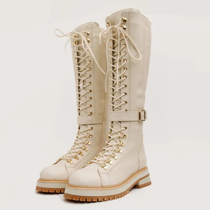 Vinci Leather Boots and Booties The Istinye Cream Leather Knee High LaceUp Boot Limited Edition 8211 Women