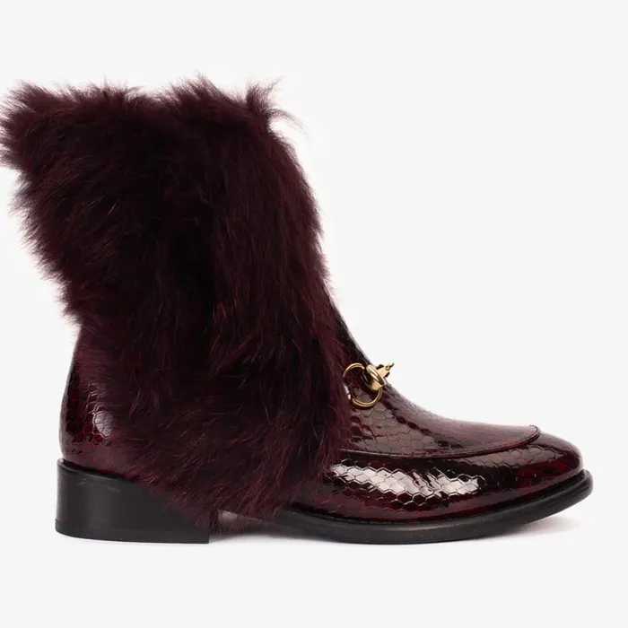 Vinci Leather Boots and Booties The Izmir Burgundy Patent Leather Natural Fur Mid Calf Boot 8211 Women