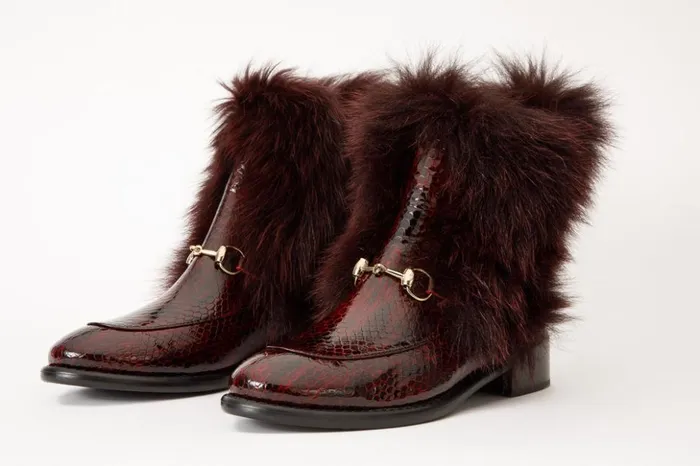 Vinci Leather Boots and Booties The Izmir Burgundy Patent Leather Natural Fur Mid Calf Boot 8211 Women