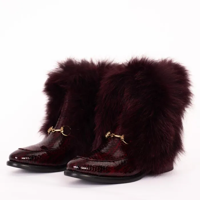 Vinci Leather Boots and Booties The Izmir Burgundy Patent Leather Natural Fur Mid Calf Boot 8211 Women