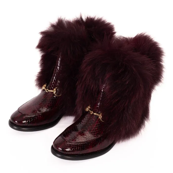 Vinci Leather Boots and Booties The Izmir Burgundy Patent Leather Natural Fur Mid Calf Boot 8211 Women