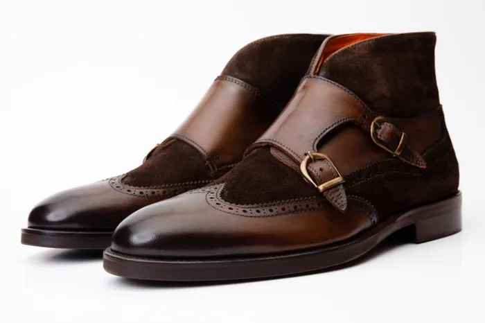 Vinci Leather Boots The Albus Brown Leather and Suede Double Strap Monk Brogue Boot 8211 Men