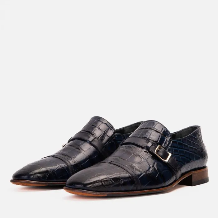 Vinci Leather Dress Shoes The Strat Single Monk Strap Cap Toe Navy Leather Handmade Shoe 8211 Men